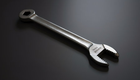 Generative AI : Chrome spanner with nut closeup macro Beautiful art composition with reflection on green background texture of metal The concept for the construction repairs mechanの素材