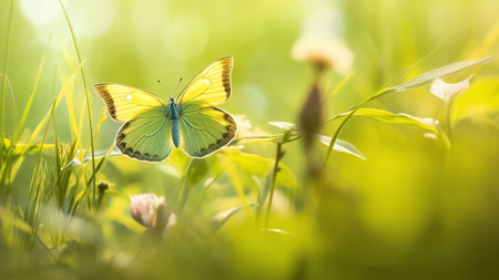 Generative AI : Panoramic banner with spring image border of branches of fresh young greenfoliage and orange butterfly in rays morning sun outdoors in nature Selective soft focusの素材