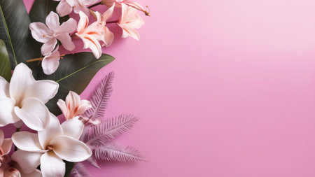 Generative AI : Bright colorful flower border of purple peonies and white lilies on purplepink background Floral design for congratulationsの素材