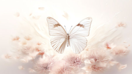 Generative AI : Beautiful white peony flowers and a fluttering butterfly in nature in light muted pastel colors Gentle delicate artistic image of wildlifeの素材