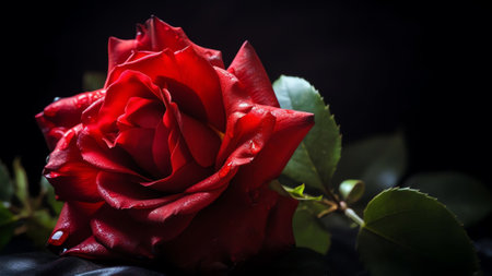 Generative AI : Red rose in a white vase on a table against a black background concept red rose and white rose petals in the fall against a dark backgroundの素材
