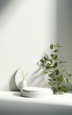 Generative AI : Light minimal geometric background with pedestal Mockup for natural product presentation Branches of fresh greenery on white wallの素材