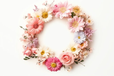 Generative AI : Floral layout creative flower composition Wreath frame in form of a crescent of pink flowers and petals of daisies and green leaves on white wooden background top vの素材