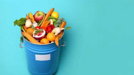 Generative AI : Branch of cherry tomatoes in white green decorative bucket top view Healthy food concept Colorful creative layout vegetables on blue pink backgroundの素材