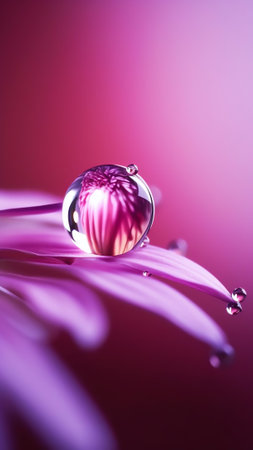 Generative AI : Photo art macro A dandelion seed with a drop of water and a flower reflection on a saturated bright crimson pink background Abstract expressive artistic image of thの素材
