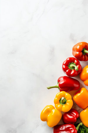 Generative AI : Colored set green red yellow of tomato pepper basil leaves onion on white pages Healthy food concept Creative layout vegetables abstract backgroundの素材