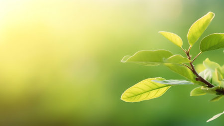 Generative AI : Succulent young green bird cherry tree leaves glow in the sun with soft focus closeup macro Spring summer border template floral background wallpaperの素材