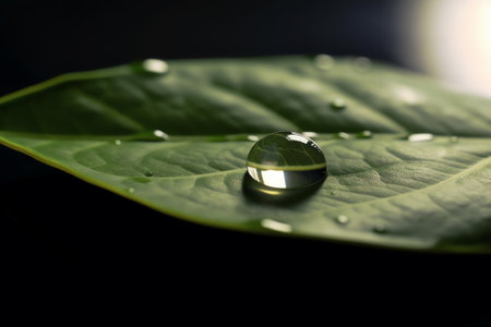 Generative AI : Beauty transparent drop of water on a green leaf macro with sun glare Beautiful artistic image of environment nature in spring or summerの素材