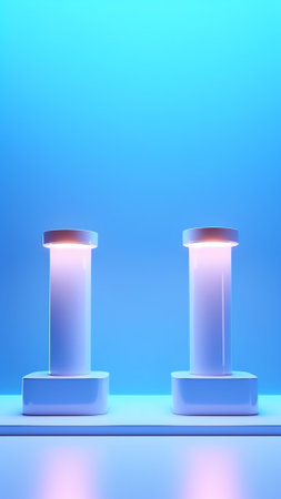 Generative AI : Beautiful versatile backdrop for product design and presentation with blue wall light reflections and concrete floorの素材