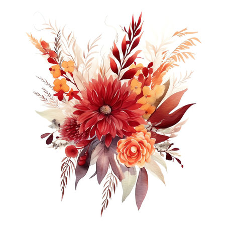 Generative AI : Set of two creative autumn bouquets of natural maple leaves of yellow orange red burgundy flowers isolated on white backgroundの素材