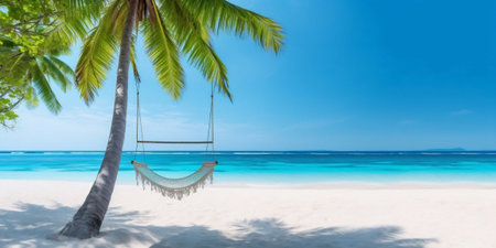 Generative AI : Beautiful natural tropical landscape beach with white sand and Palm tree girl is resting on a swing Turquoise ocean on background blue sky with clouds on sunny summの素材