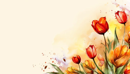 Generative AI : Spring floral template background with free space for text A beautiful bouquet of yellow flowers tulips with ladybug in nature on meadow macro in rays of sunlight Bの素材