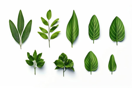 Generative AI : Set of beautiful form green leaves isolated on white background Leaves are beautiful in shape and lightの素材