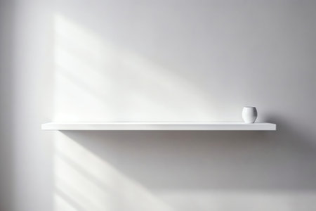 Generative AI : Universal minimalistic background for product presentation White empty shelf on a light gray wallの素材