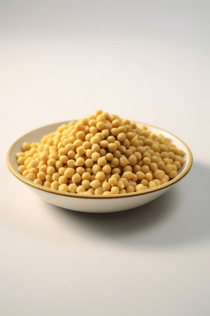 Generative AI : Spoon with a slide of green peas on a yellow plate closeup macro Fresh tasty green peas on a yellow backgroundの素材