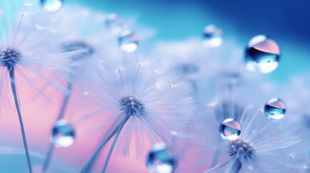 Generative AI : Dandelion Seeds in the drops of dew on a beautiful blurred background Dandelions on a beautiful pastel background Water drops sparkle on the dandelion Of Silver droの素材