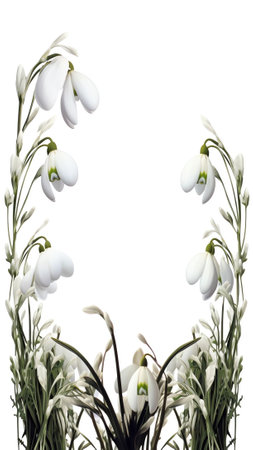 Generative AI : Spring natural floral background Green frame of white forest flowers snowdrops primrose in nature closeup Spring template with empty space for textの素材