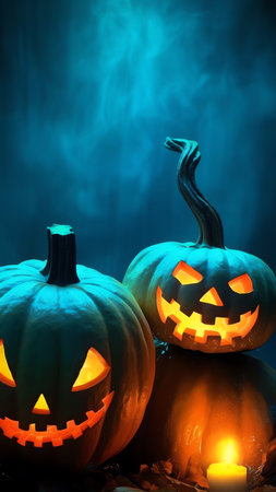 Generative AI : Festive decoration for Halloween Two pumpkins with smile and horror burning candles and white Ghost on background of dark night mystical forest Magical atmosphere wの素材