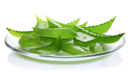 Generative AI : The leaves and pieces sliced of aloe vera on a beautiful green platter original form isolated on white backgroundの素材