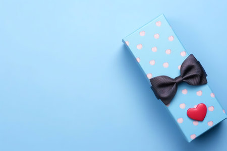 Generative AI : Open packing box festive with ribbon and bow blue and purple with a red heart made of cloth on a bright wooden background Wallpapers concept for birthday cards Valeの素材