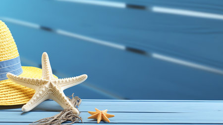 Generative AI : Concept summer beach holiday Beach accessories straw hat sunglasses with blue sky reflection starfish on sandy tropical beach against turquoise ocean on bright sunnの素材