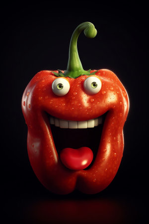 Generative AI : Red peppers angry shouts Red pepper evil looking on a dark background Halloweenの素材