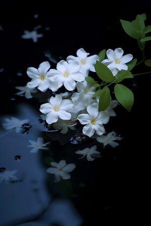 Generative AI : Two jasmine flowers after the rain on a mirror surface with a beautiful natural background and reflection White flowers with water drops macroの素材