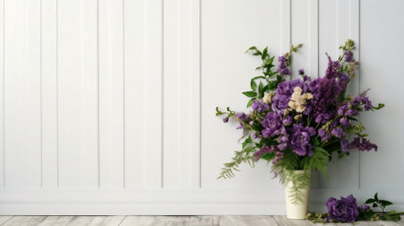 Generative AI : A beautiful floral arrangement withflowers and plants on a white wooden background Flowers and plants on white wooden boards with copy spaceの素材