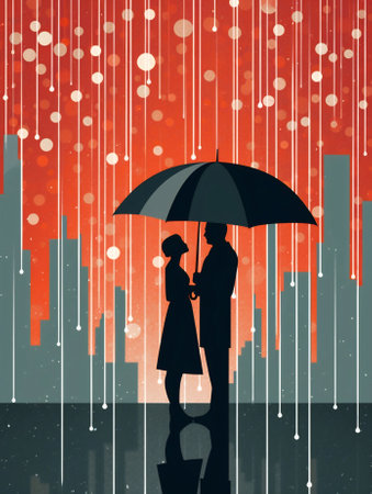 Generative AI : A man and a woman adulthood under red and black umbrella walking down the street in the winter snow Beautiful couple under an umbrella view from the back in snowfalの素材