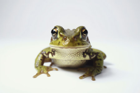 Generative AI : A little pretty lovely green cute frog sitting on a finger closeup of a macro Isolated on white background A concept for protecting animals taking care of natureの素材
