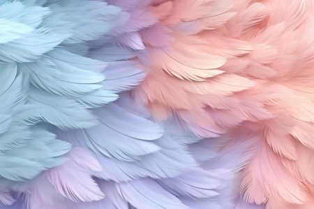 Generative AI : Airy soft fluffy feather closeup of macro of blue and pink pastel shades on white background with soft focus Abstract gentle natural background with featherの素材