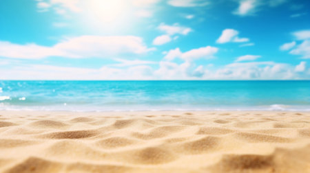 Generative AI : Beautiful background image of tropical beach Bright summer sun over ocean Blue sky with light clouds turquoise ocean with surf and clear sand Harmony of clean envirの素材