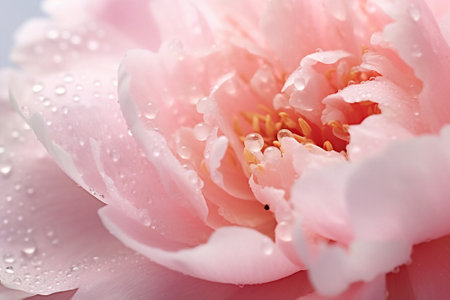 Generative AI : Beautiful shiny water droplets on flower petal peony macro Drops of dew on a pink petal Gentle soft elegant airy artistic image with soft focusの素材
