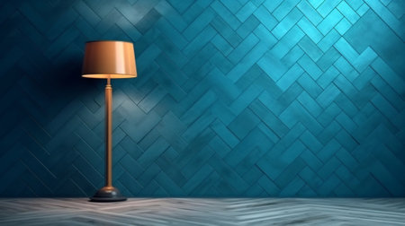 Generative AI : Beautiful versatile backdrop for design and product presentation with blue wall light reflections and wooden floorの素材