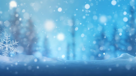 Generative AI : Beautiful Christmas panoramic background with a snowflake in snow against the evening blue sky and snowfall New Year congratulatory bannerの素材