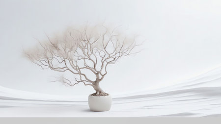 Generative AI : Beautiful background panoramic image of winter nature tree branches covered with prickly frost on a background of pure snow with space for textの素材