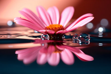 Generative AI : Beautiful big drop of water on a petal of a pink chrysanthemum flower with summer spring reflection closeup macro natureの素材