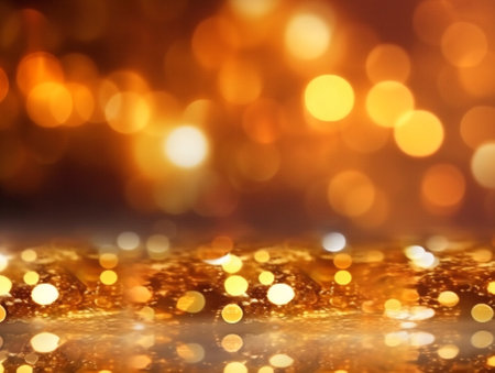 Generative AI : Abstract golden and brown background with shiny brilliant water drops dew or rain on the glass with round bokehの素材