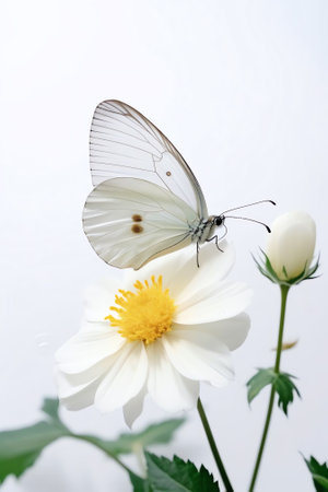 Generative AI : Beautiful flower white daffodil and butterfly on natural greenyellow background closeup outdoors Elegant refined image of beauty of natureの素材