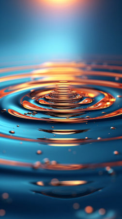Generative AI : Beautiful transparent round big drop of water on a bright striped blue feather closeup of a macro Amazing bright abstract natural background of blue and orangeの素材