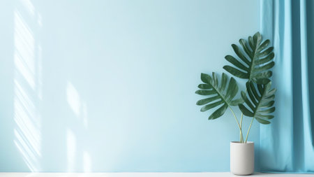 Generative AI : Blurred shadow from palm leaves on the light blue wall Minimal abstract background for product presentation Spring and summerの素材