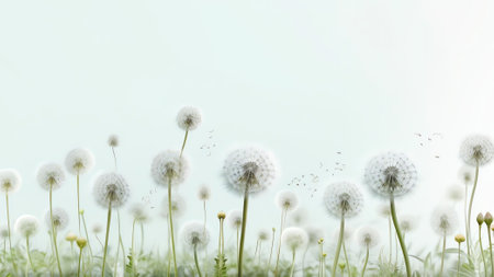 Generative AI : Fluffy beautiful delicate airy eleganttransparent flowers dandelions on a meadow on nature in spring in pastel light green colors macro Floral spring background witの素材