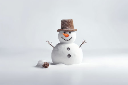 Generative AI : Cheerful snowman of snowdrifts on snow outdoors on nature in sunny day with copy space flat lay Christmas snowy backdrop backgroundの素材