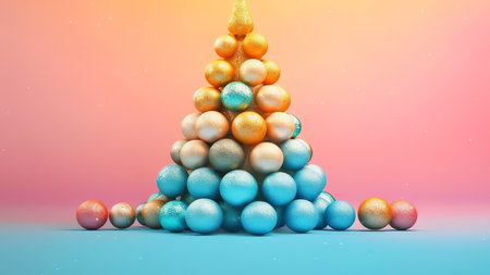 Generative AI : Creative Christmas tree with golden and red balls isolated on pink background Banner for New Years greetingsの素材