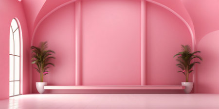 Generative AI : Beautiful versatile backdrop for product design and presentation with a pink wall and smooth floorの素材