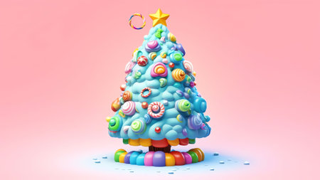 Generative AI : Bright colorful Christmas and New Year creative layout Snowman and Christmas tree made of sugar candies and lollipops on blue wooden background Ingenious artistic tの素材