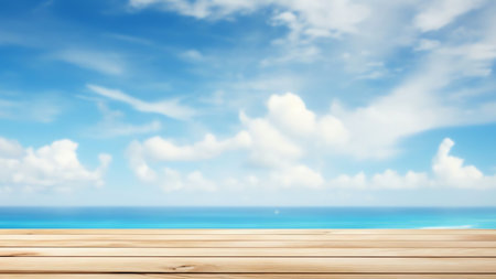 Generative AI : Beautiful tropical landscape background concept for summer travel and vacation Wooden pier to an island in ocean against blue sky with white clouds panoramic viewの素材