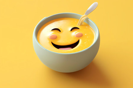 Generative AI : Creative beautiful artistic image smile Yellow plate and spoons in form of an emoticon isolated on white background Unusual amazing template for tasty and healthy fの素材