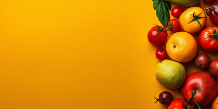 Generative AI : Creative composition of red tomatoes and yellow pepper in a box on a wooden brown table top view flat lay in vintage style copy spaceの素材