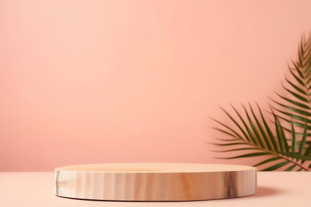 Generative AI : Beautiful original template for design podium on wooden flooring against background of pink wall with texture and shadow of tropical leavesの素材